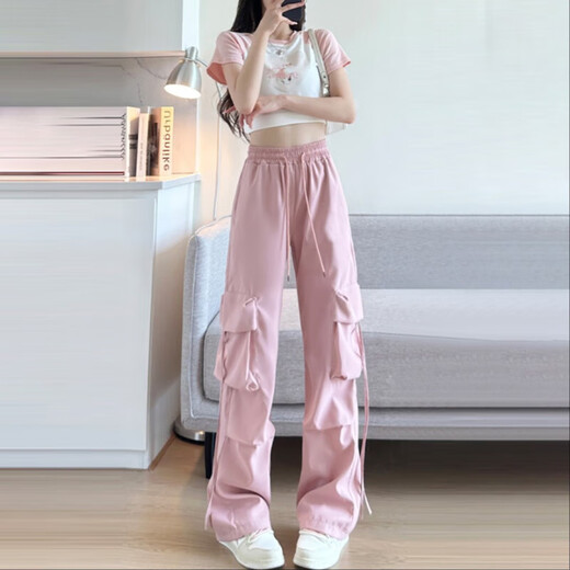 粉色工装裤女夏季薄2025新款高腰垂感降落伞速干休闲阔腿美式运动 蚂蚁-687【黑色】 M