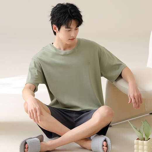 猫人男士睡衣男夏季纯棉100%全棉短袖短裤套装男生宽松大码圆领家居服 绿色13601 4XL 【推荐180-200斤】