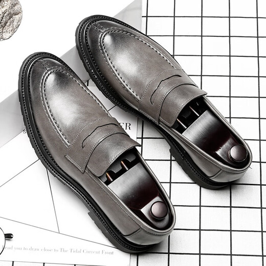 
KUCLUT men's trendy British style lazy loafers business formal wear breathable casual leather shoes 9715-D black 38