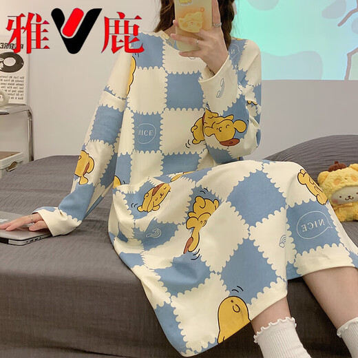 雅鹿带胸垫睡裙女纯棉长袖可爱公主风网红大码睡衣宽松2025新款春秋季 CK-16857 L 【无胸垫】