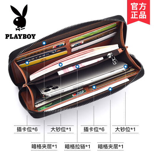 花花公子（PLAYBOY）休闲钱包男士长款商务手包皮夹手拿包钱夹拉链送爸爸老公 黑色0492[PVC面料]