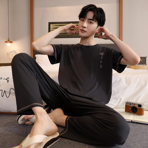 七匹狼（SEPTWOLVES）睡衣男士夏季莫代尔薄款短袖长裤冰丝凉感休闲家居服加肥大码套装 XM9918莫代尔男长裤短袖 L 男100-125斤