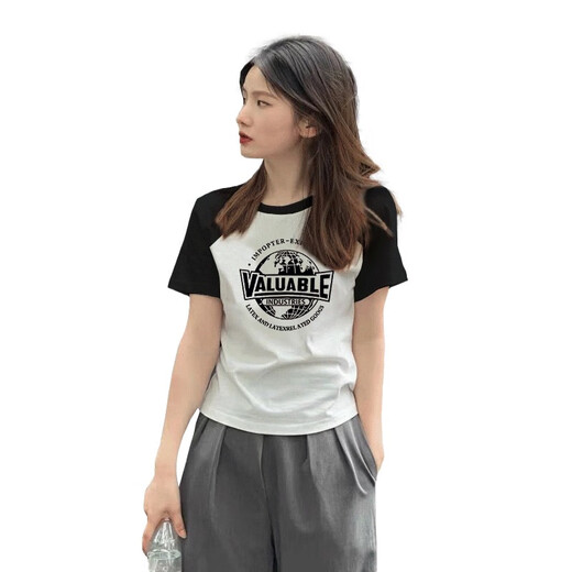 GTYUWVG女士纯棉短袖t恤女2025夏季新款设计感小众韩版宽松插肩袖上衣ins 1585白色/黑色插肩款短袖黑色印 S