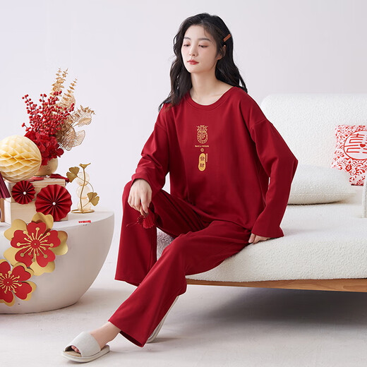 帕兰朵女士睡衣套装结婚喜庆家居服2025春夏纯棉红色本命年圆可外穿睡衣 帕-QM 9227女 M 帕-(女)
