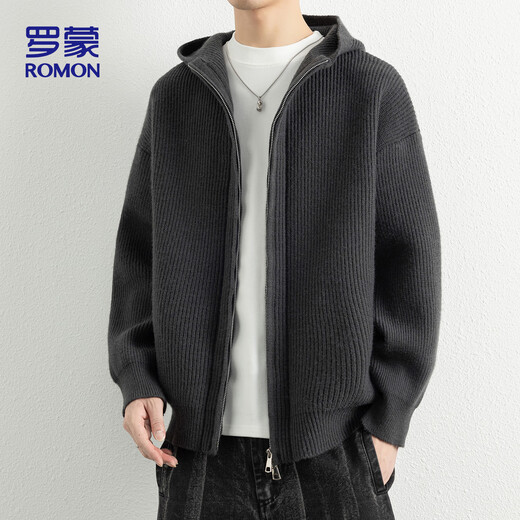 ROMON Knitted Sweater Cardigan Autumn Trendy Hooded Men's Jacket Loose Casual Warm Wool Clothes ST26 Black Gray XL