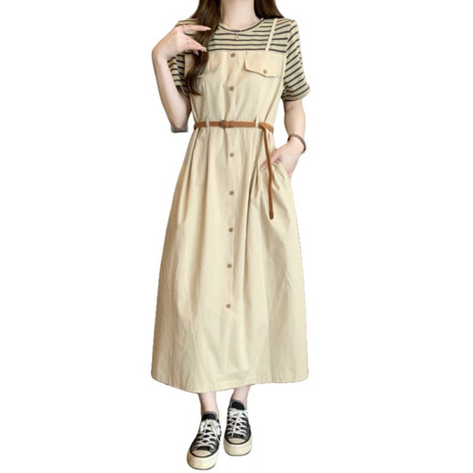 Star Chui Xiaowu Summer French Large Size Dress Fat MM Extra Large Size 300 Jin [Jin equals 0.5 kg] Fake two-piece striped T-shirt dress for women summer display C1049-Bean green dress without belt M (80-110 Jin [Jin equals 0.5 kg])
