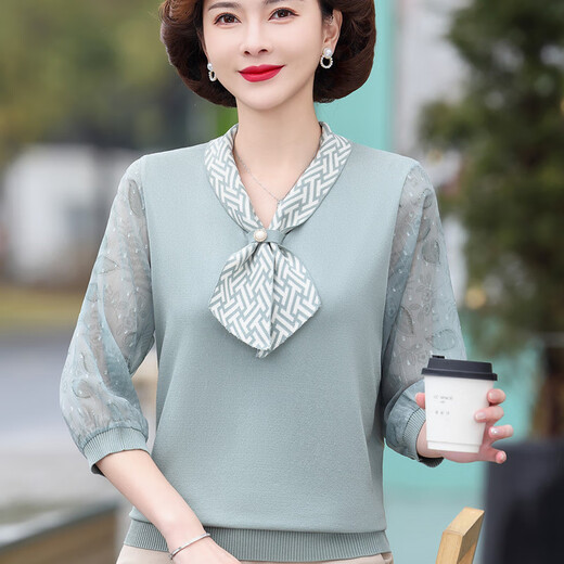 花花公子新款妈妈春装洋气纱袖针织恤薄款打底衫 蓝色6636 L (建议100-115斤)