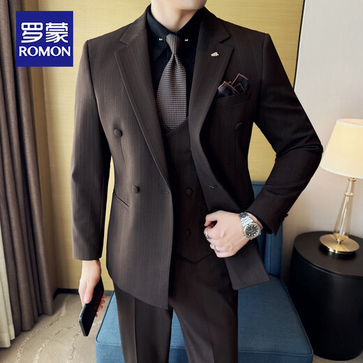 ROMON commuting simple business casual double-breasted suit suit groom Korean version men's slim suit formal dress men black suit + vest + pants 6XL /62 190-205Jin Jin equals 0.5 kg wear