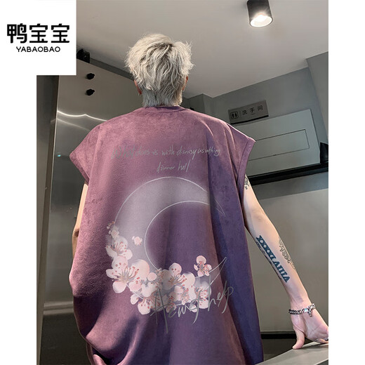 鸭宝宝美式潮流ins印花背心男夏季2024新款休闲情侣坎肩宽松圆领无袖T恤 H9904-黑色 M