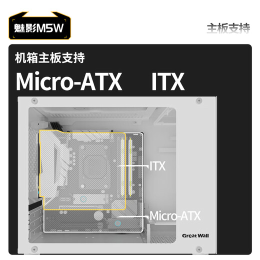 长城（Great Wall）魅影M5W白色电脑机箱（镀铝提手/金属面板/玻璃侧板/MATX主板/5风扇位/USB3.0/240水冷/5080显卡）