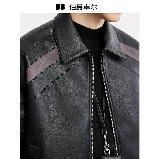Earl Dowel Fashion Bloqueo de color Bloqueo de cuero Ropa de cuero para hombres 2025 Autumn New Campeer Chaqueta de cuero Men E531422 Moonlight Night Black XL (180)