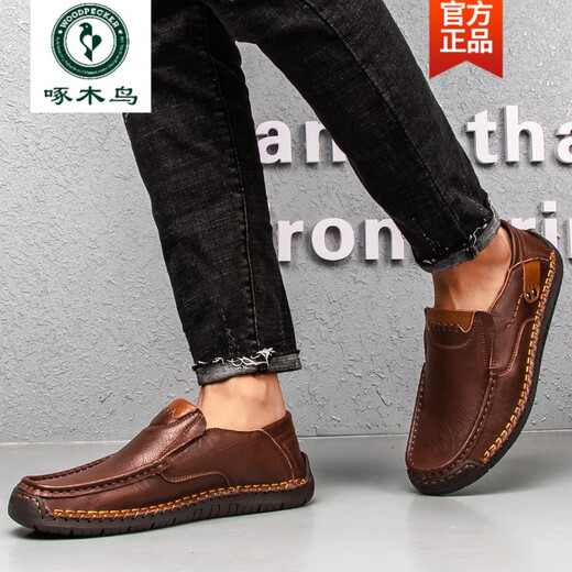 Woodpecker Marke High-End-Herrenschuhe 2025 neue Sommer-Beanie-Schuhe echte Leder ein Fuß faulen Fahren lässige vielseitige Lederschuhe 9916 Dunkelbraun 38 Standard Lederschuhe Größe