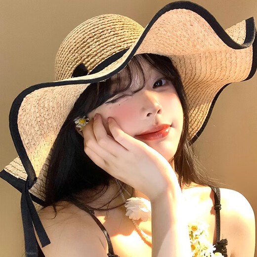 逸兼遮阳帽蝴蝶结波浪边草帽女夏季复古大帽檐遮阳帽海边沙滩度假帽子 波浪渔夫帽草帽【卡其均码】 自带防风绳