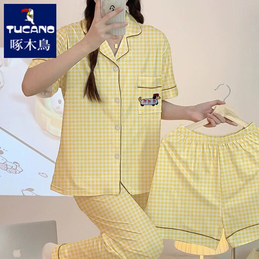 
Woodpecker Creamy Plaid Pajamas Women's Summer Short Sleeve Pure Cotton Three-Piece Set 2025 New Cute Dachshund Dog Student Home Clothing #FS-Three-Piece Set 14137 M [75-95Jin[Jin equals 0.5 kg]]
