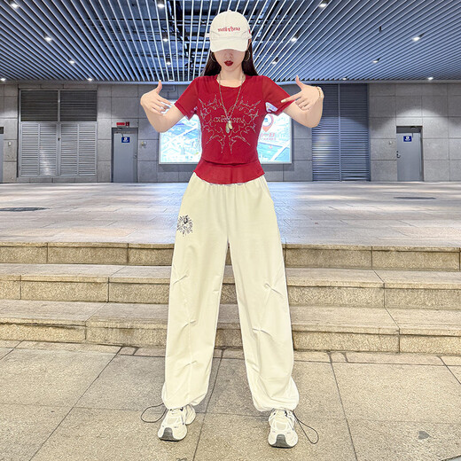 勤度爵士舞服装女套装成人夏季短袖休闲运动团演出服曳步舞跳舞广场舞 玫红色上衣8829+白裤子6627 M