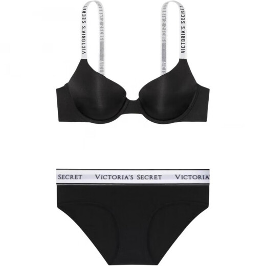 Victoria's Secret Fixed Double Straps V-shaped Soft Letter Bra Mid-waist Briefs Underwear Set Women's Black Suit (Black) S 32B+(70B+S)