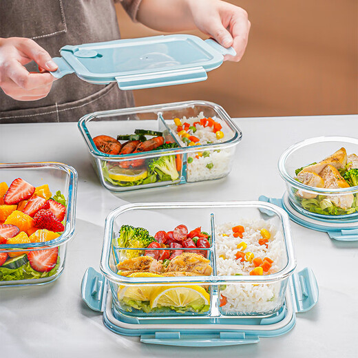Schloss (Sperre/Sperren) Glas -Lunchbox kann zum Erhitzen von Mikrowellen verwendet werden. Spezielle Schüssel für Büroangestellte mit Deckel. Kissenbox getrennte Brotdose. Nordic Blue Long 3 Gitter 1050 ml.