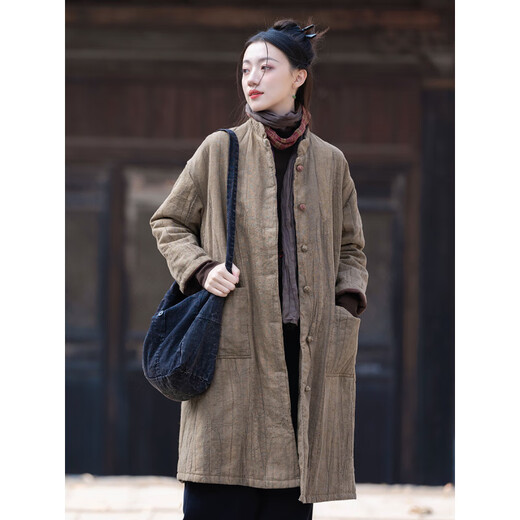 
German quality Zen clothing cotton linen cotton clothing for women in winter Buddhist Zen women's clothing for lay Buddhist clothing for women Chinese cotton jacket mid-length robe Tea brown (ticket dye) cotton coat + bronze black plus velvet pants 6191# All size