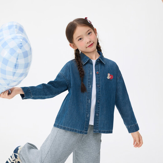 INMAN Children's Clothing Girls Light Denim Shirt Cat Print Spring and Autumn Fashion Lapel Shirt for Middle and Large Children Denim Blue 120