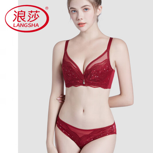LangSha (LangSha) red underwear for women's zodiac year thin sexy lace suit bra with large breasts showing small gathering bra Red M 70/32B+ pants