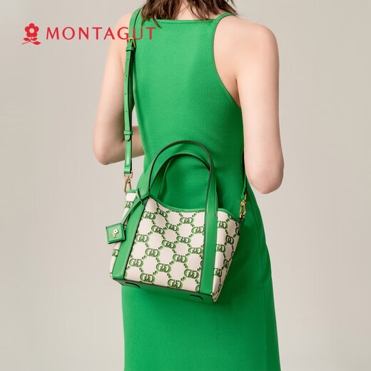 梦特娇（MONTAGUT）女包新款时尚通勤复古老花水桶包单肩斜挎包女 曜石黑