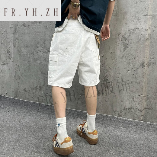 FR.YH.ZH尹小鸡 重磅水洗宽松工装大口袋白色竹节牛仔短裤五分裤男女 1049 白色 M (95-125斤)