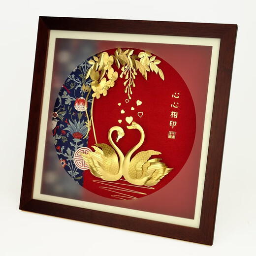 铂悦玺熙 足金天鹅结婚礼物送新人新娘闺蜜朋友新婚高级创意轻奢礼品高档摆件金箔画工艺品定制祝福结婚摆件 心心相印天鹅-轻奢金箔30X30厘米