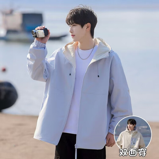 WHIM NASA Reversible Jacket Men's 2025 Autumn and Winter New Jacket Clothes Men's Teenagers Junior High School Students Plus Velvet Beige XL (140-160Jin Jin equals 0.5 kg)