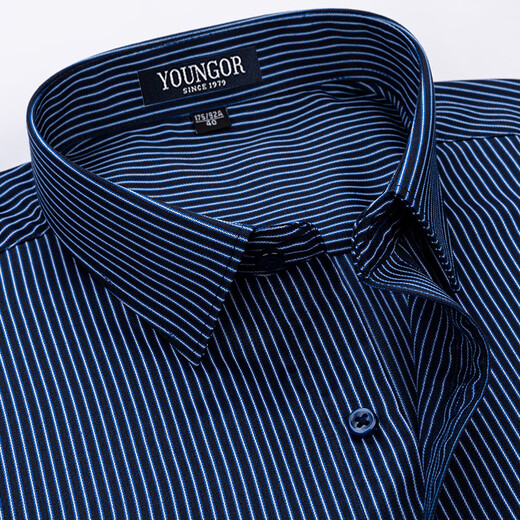 GY Youngor мужская рубашка с короткими рукавами для среднего возраста, деловая повседневная полосатая негладкая рубашка против морщин, профессиональная формальная однотонная хлопчатобумажная рубашка, темно-синяя полоска DX6625 41 рекомендуется 145-155Jin Jin равен 0,5 кг