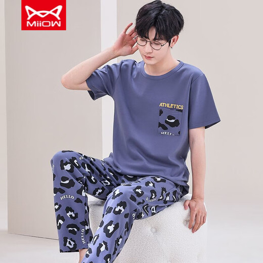 Catman Miiow Internet Celebrity Men's Pyjamas Summer Coton Panton à manches courtes de grande taille Style mince d'été pour la sortie décontractée 3523 L Men-120Jin [Jin est égal à 0,5 kg]