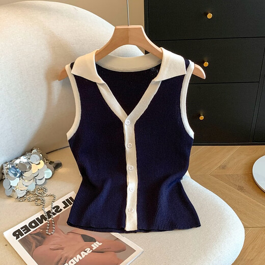 
Non-standard high-quality college style sweater for women Korean style temperament collar sleeveless breasted cardigan knitted sleeveless vest for women summer black [temperament top/gentle/European and American/set S [summer wear/exterior wear b