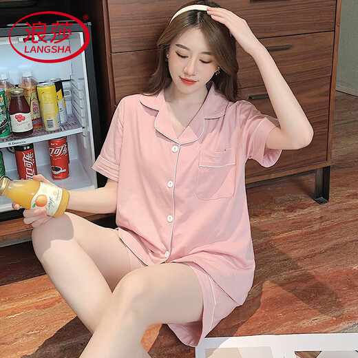 Langsha Light Luxury 2025 new pajamas for women in summer pure cotton short-sleeved shorts for summer girls summer women's home 12347 with chest pad L 100-115