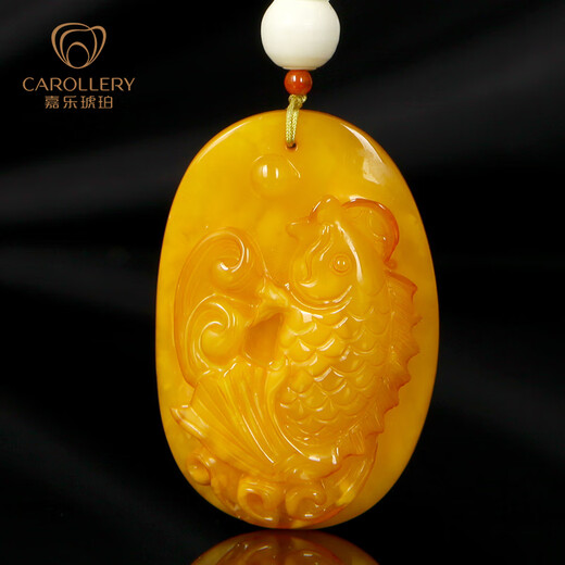 Carol amber chicken fat yellow beeswax pendant for men and women old beeswax carved fish pendant natural oxidized amber pendant