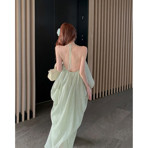 Let the mist suspender dress skirt for women summer 2025 new resort style wear seaside beach skirt long skirt pure desire French spring green texture design halter neck dress S recommended 80-90Jin Jin is equal to 0.5 kg