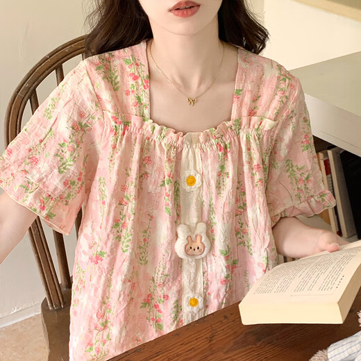 Hengyuan Xiangyun Baumwollpyjamas für Frauen im Sommer mit Brustpolstern, kurzen Ärmeln, losen großer Prinzessinstil-Studentin Student Home Clothing Set 9902-1 M (80-100Jin [Jin Equals 0,5 kg])