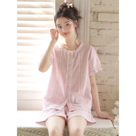 Langsha 2025 Neue Sommer-Frauen-Pyjama Kurzärmel-Shorts französische Gaze große Heimkleidung für Outdoor-Kleidung 3892 Pink Purple S (Empfohlen 85-98 Jin [Jin ist gleich 0,5 kg])