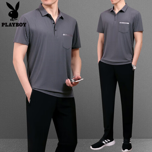 花花公子（PLAYBOY OUTDOOR）夏装中老年男装冰丝短袖T恤男士运动服父亲节薄款休闲跑步套装 753天蓝 L建议100斤---120斤【T恤+裤子】