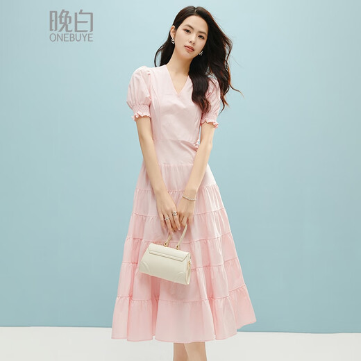 晚白2025年夏款时尚休闲裙子气质亲肤全棉收腰短袖连衣裙 粉色 M