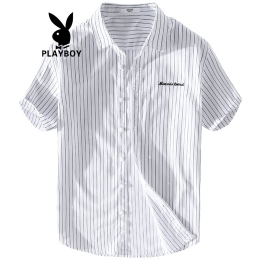 花花公子（PLAYBOY）夏季纯棉日系新款休闲短袖衬衫条纹免烫帅气男士衬衣服 9738黑条纹 2XL 145斤左右