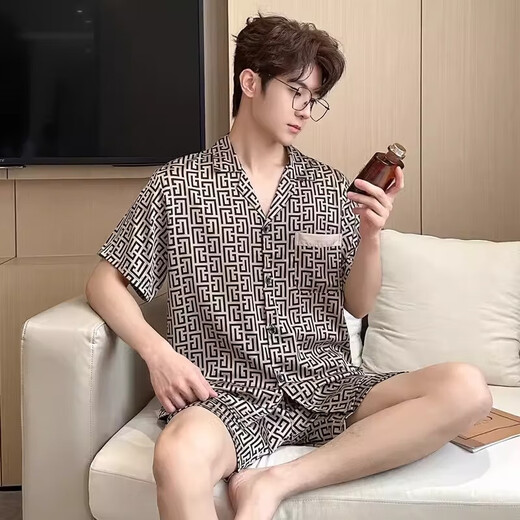 SXMM International first-line brand silk pajamas men 100% mulberry silk silk silk large size light luxury home clothing 3899 apricot color (gift box packaging) L [Weight: 100-139Jin [Jin equals 0.5 kg]]