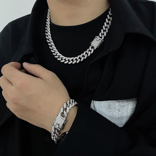 Yechi European and American street rap shining full diamond necklace Cuban chain bracelet hip-hop style nightclub bar men and women clavicle chain full diamond Cuban (necklace) 50cm silver