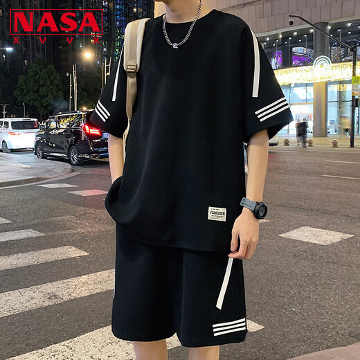 NASA XVVX casual sports T-shirt suit men's summer new loose short-sleeved T-shirt men's shorts with a handsome set FKS653 khaki suit L about 110-130 Jin Jin equals 0.5 kg can be worn