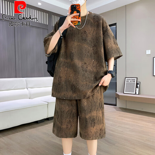 皮尔卡丹夏季薄款酷帅套装男2025年新款帅气穿搭一套短裤短袖t恤休闲运动 T6630米白套装 M 90-110斤