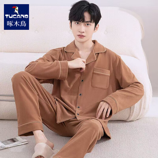 Woodpecker spring and autumn pajamas for men and women, long-sleeved, can be worn outside, couples thickened large size coral velvet home clothes set, men DM801 dark gray 3XL