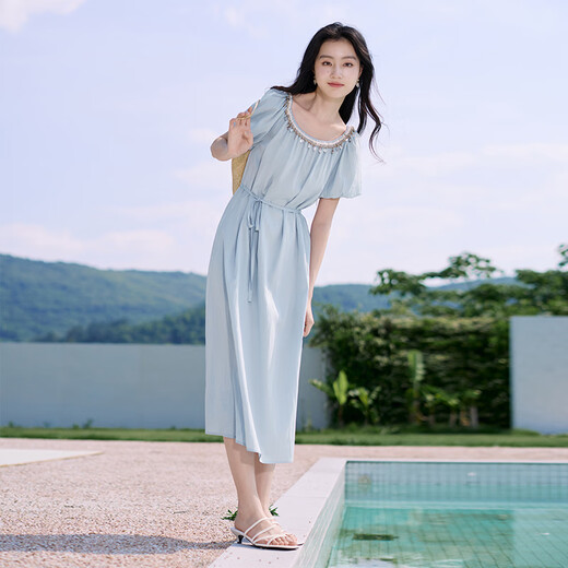 香影度假风蓝色连衣裙女泡泡袖2025夏季新款巨好看莱赛尔天丝裙子 航线蓝 M 160/84A/95-110斤