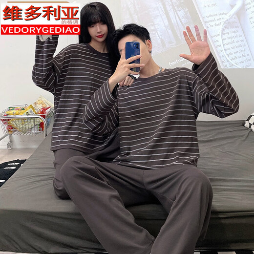 Victoria's style couple pajamas for spring and autumn new long-sleeved cotton men and women casual striped home clothes two-piece set #XF-15567 M women [75-100]Jin[Jin equals 0.5 kg]