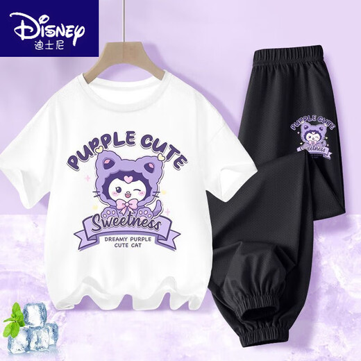 迪士尼（Disney）BINPAW女童夏季玉桂狗套装2025新款大童纯棉短袖t恤儿 A983白+A984紫裤 130 (建议身高115-125cm)
