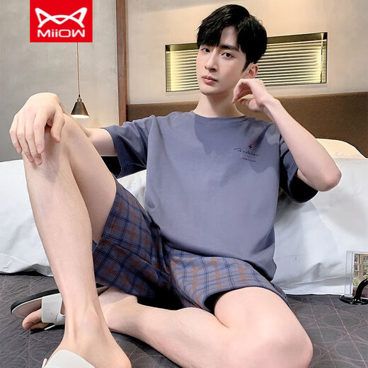 Catman MIIOW summer short-sleeved shorts men's pure cotton thin pajamas can be worn outside casual sports home clothing large size suit 9922 L