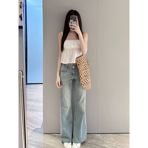 灿图浅色窄版微喇牛仔裤女夏季新款高腰修身显瘦小个子阔腿微喇休闲裤 浅蓝色 M 【建议90-110斤】