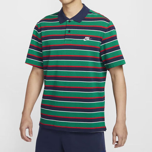 耐克（NIKE）短袖T恤男士2025夏季新款运动服针织翻领POLO衫上衣商务半袖 纯棉FN3897-410蓝绿条纹 S